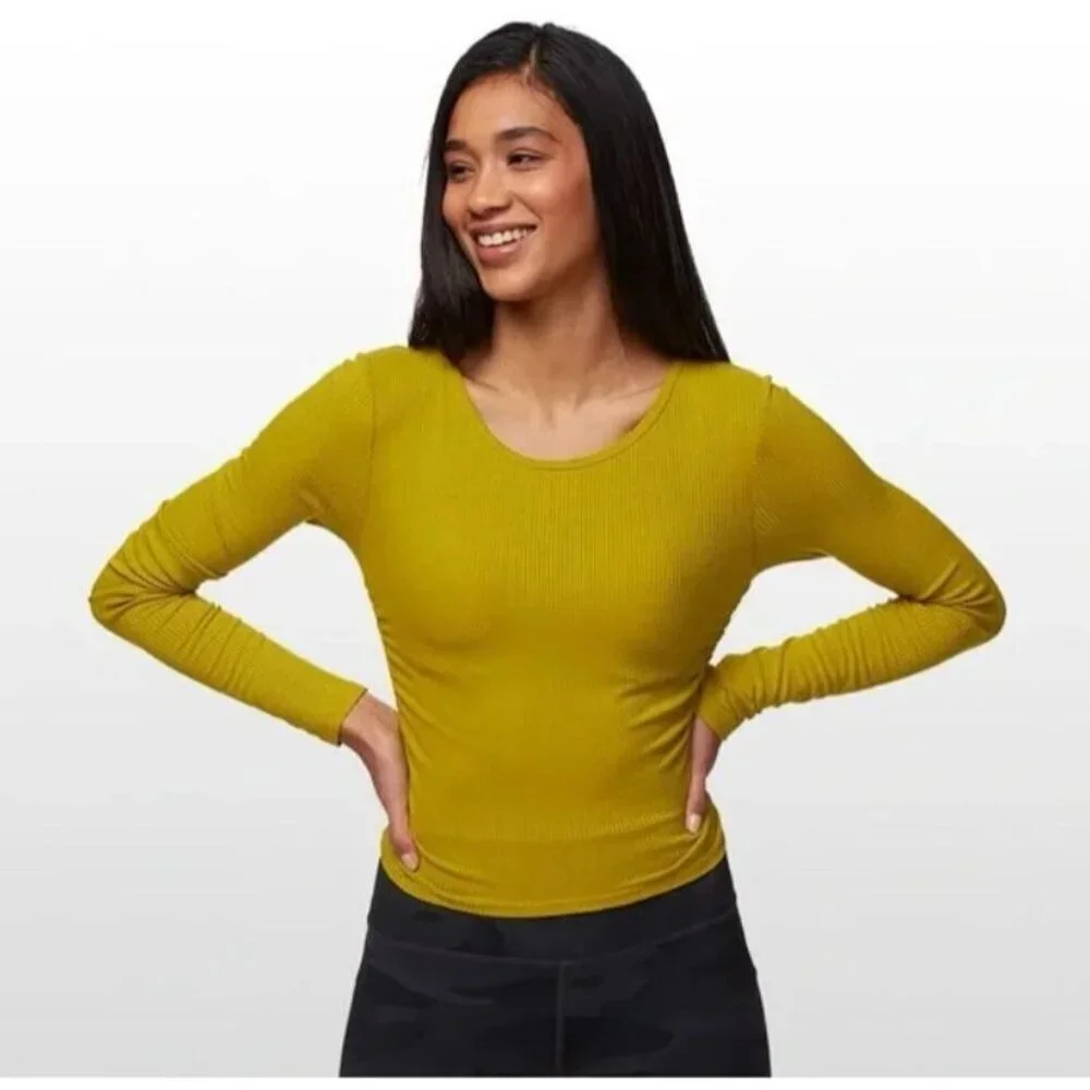 alo Gather Long Sleeve Rib Crop Top Chartreuse NWT XS